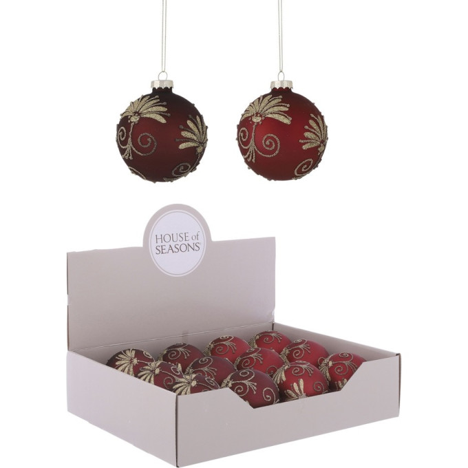 Набор HOUSE OF SEASONS, 12 шт. Стеклянных шаров, диам. 8см, красный/красный, с золотом, 2 вида 84454